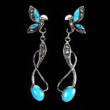 A pair of 925 silver and marcasite turquoise set drop earrings, L. 6.6cm.