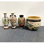 A Chinese hand enamelled porcelain planter, Dia. 28cm, H. 22cm, together with three Japanese vases.