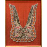 A large framed mid 20th C Chinese silver thread embroidered costume collar, frame size 68 x 84cm.