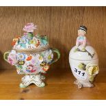 A 19th C Coalbrookdale porcelain two handled cup and cover, H. 15cm, together with a similar duck