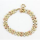 A hallmarked 9ct yellow, white and rose gold bracelet, L. 19cm.