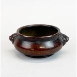 A lovely quality Chinese cast bronze censer with lion dog handles, W. 12cm, D. 4.5cm.
