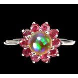 A matching 925 silver flower shaped ring set with opal and rubies, (O).