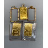 Three Swiss 5g fine gold ingots with gold pendant frames.