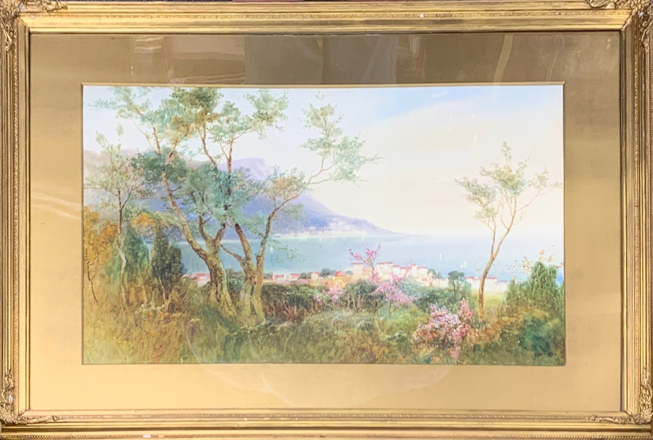 A large gilt framed watercolour of a coastal scene by I. Shapland, frame size 76 x 103cm.