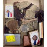 A box of mixed bronze medals etc.