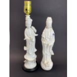Two fine Chinese Blanc de Chine figures of the Goddess Guanyin, one mounted as a table lamp, H.