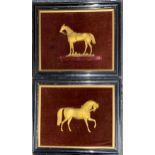 A pair of framed antique gilt brass / bronze figures of horses, frame size 59 x 49cm.