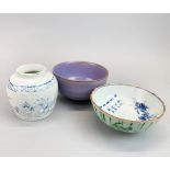 An early 20th C Chinese hand painted porcelain ginger jar, H. 9cm, together with two porcelain