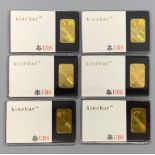 Six encased Swiss 5g fine gold ingots.