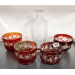 Four Bohemian glass bowls and a Wedgwood etched crystal decanter.