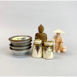 A group of five Chinese hand painted porcelain dishes, Dia. 8cm, together with a Japanese Satsuma
