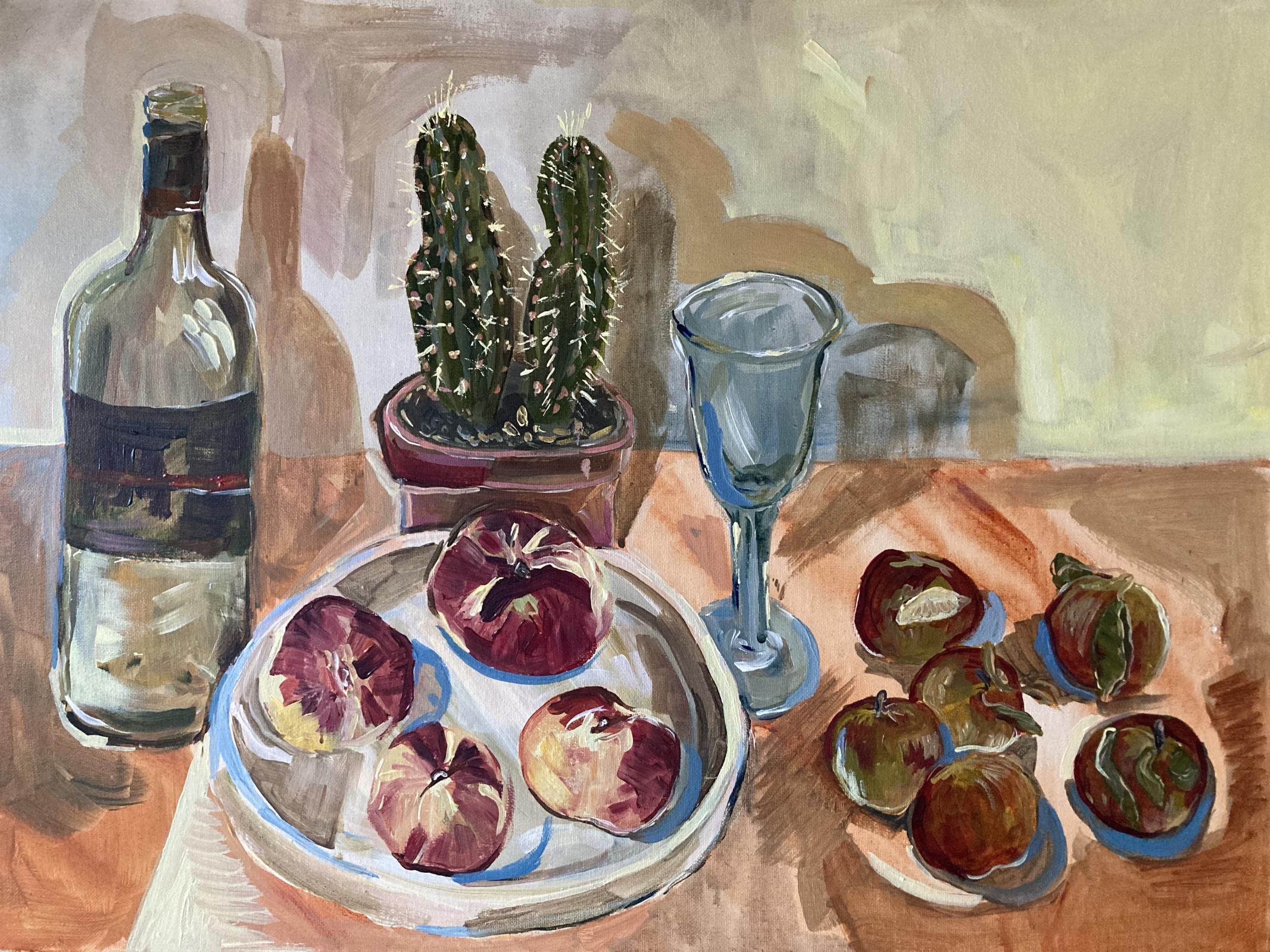 Kate Jones, "Wine peaches and cactus", acrylic paint, 2020, 45 x 60 x 3cm. UK shipping £35.