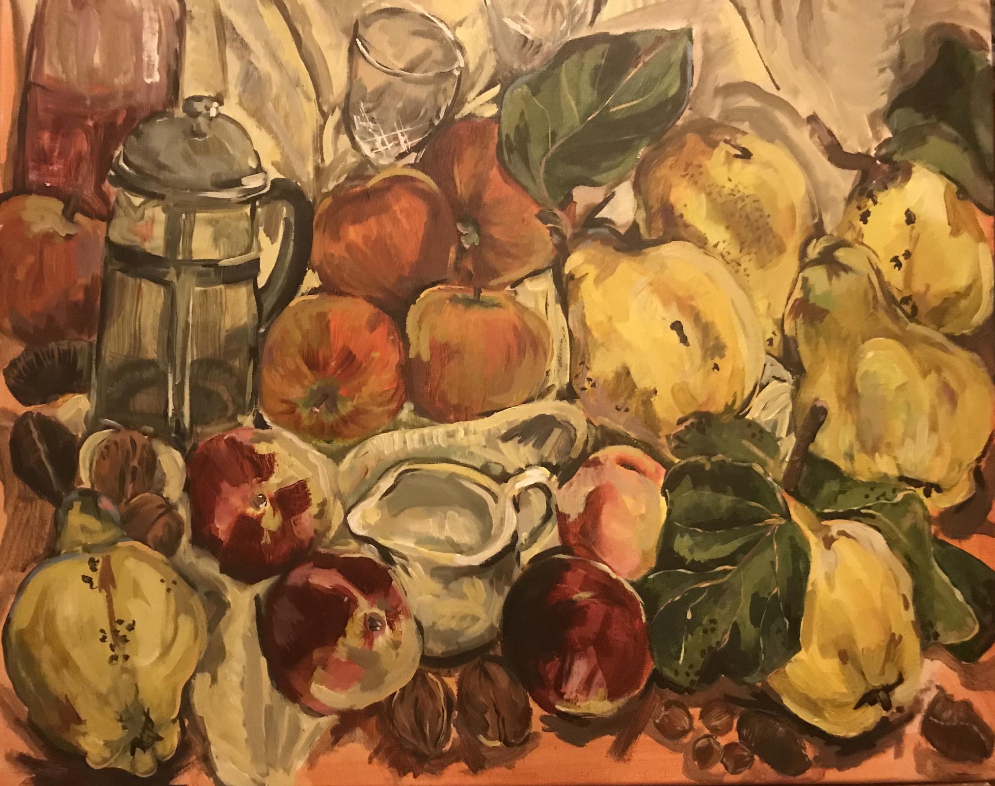 Kate Jones, "Morning coffee and peaches", acrylic paint, 2018, 50 x 60 x 3cm. UK shipping £35.