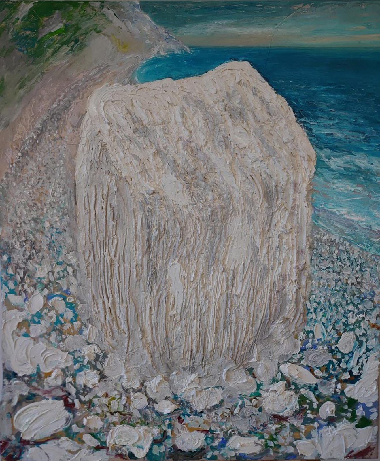 Brian Wallace, "Rock" at Ballykeel Beach, Co Antrim, oil on board, 2022, 60 x 40 x 5cm. This