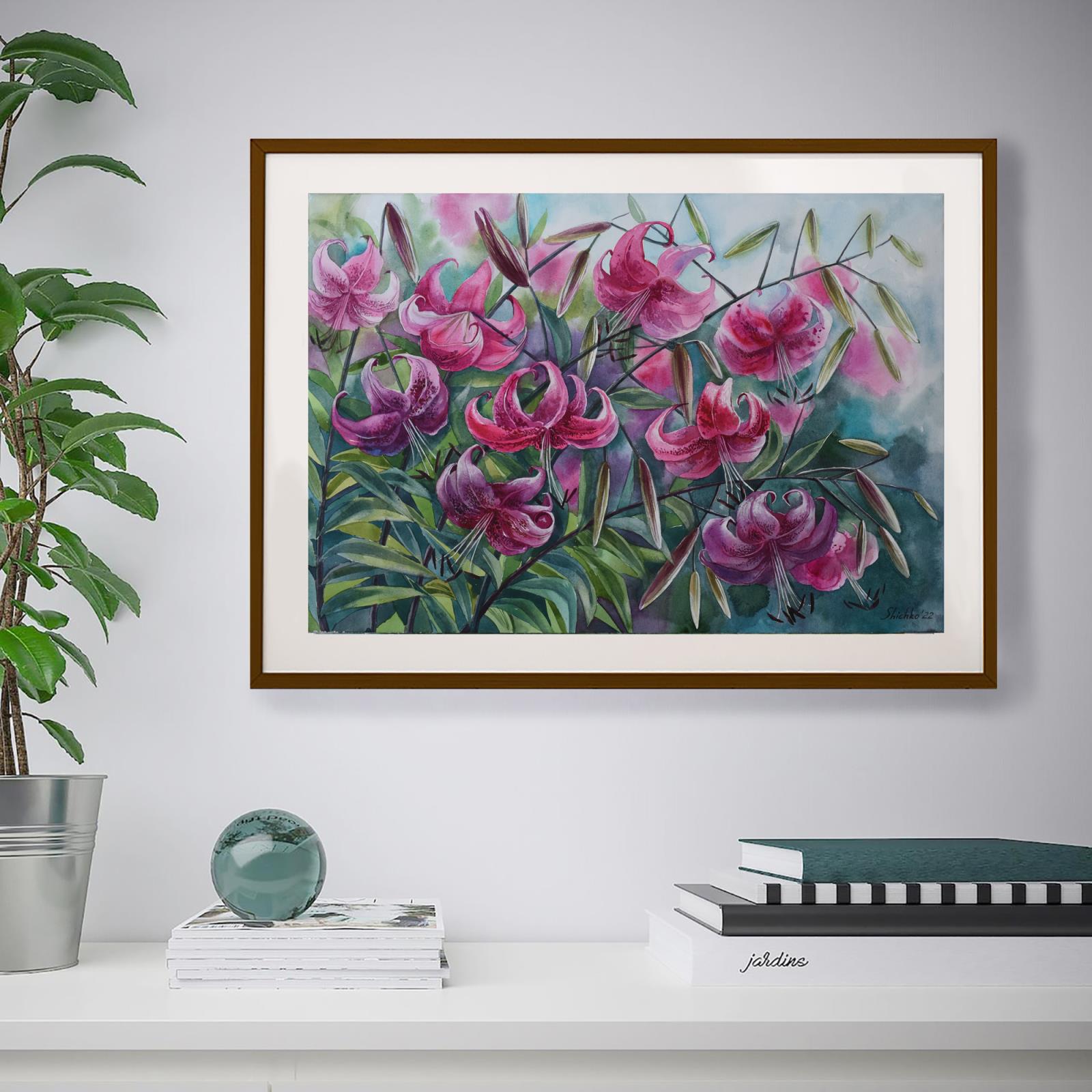 Elena Shichko, "Pink lilies", watercolour on paper, 2022, 63 x 45 x 1cm. When I start a new artwork, - Image 2 of 3