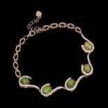 A rose gold on 925 silver bracelet set with cabochon cut opals and white stones, L. 16.5cm.