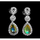 A pair of 925 silver drop earrings set with cabochon cut opals and white stones, L. 1.8cm.