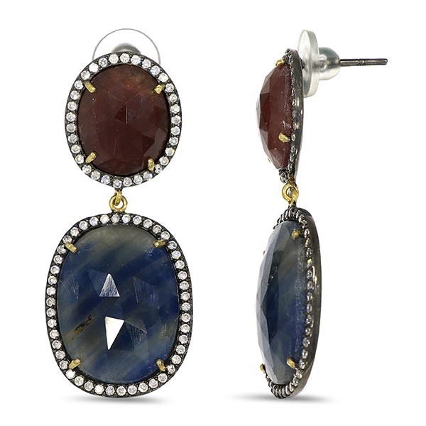 A pair of 925 silver drop earrings set with checker board cut ruby and sapphire surrounded by - Image 2 of 2