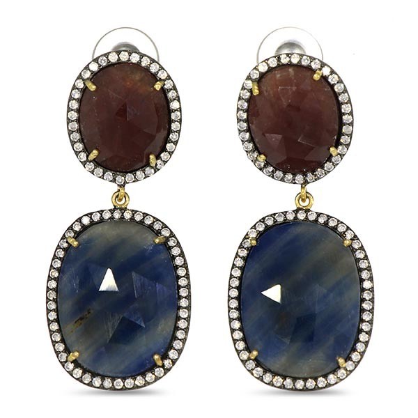 A pair of 925 silver drop earrings set with checker board cut ruby and sapphire surrounded by