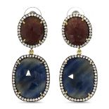 A pair of 925 silver drop earrings set with checker board cut ruby and sapphire surrounded by