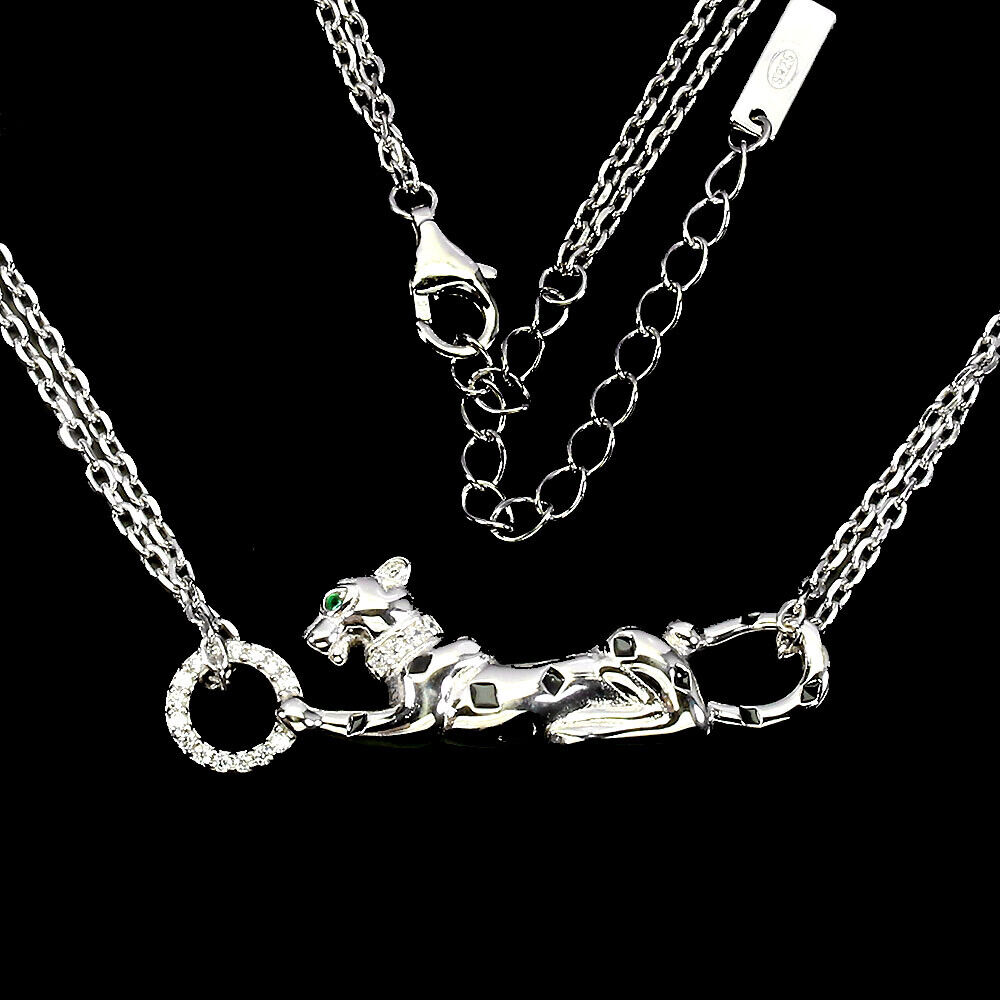 A 925 silver enamelled leopard necklace set with stones, L. 42cm.