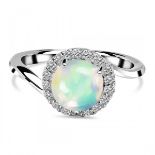 A 925 silver crossover ring set with a round cut opal surrounded by white stones, (O).