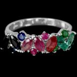 A 925 silver ring set with emeralds, rubies and sapphires, (L).