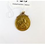 An 1887 golden Jubilee double sovereign with attached 9ct gold pendant mount.