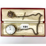 A gent's hallmarked silver pocket watch, together with an albert chain and fob. Appears to be in