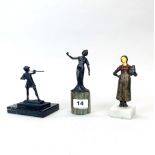 Three metal figures on marble bases, tallest H. 16cm.