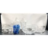 A pair of cut crystal jars and covers with a pair of lustres and other good glassware, jars and