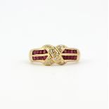 A yellow metal (tested minimum 9ct gold) ring set with square cut rubies and diamonds, (I).