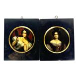 A pair of Georgian framed hand painted miniatures on tin of elegant young women, framed size 13 x