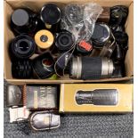 A quantity of camera lenses.