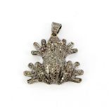 A white metal diamond set frog pendant with ruby eyes, L. 4cm.