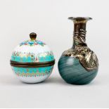 A silver overlaid glass vase, H. 9cm, together with an Austrian enamelled copper box and lid, H. 6.