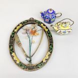 A Chinese carved frame of semi precious stone flowers, size 25cm, with two Canton enamelled teapots