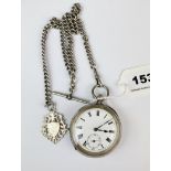 A gent's 925 silver import mark key wind pocket watch with double silver albert chain and fob.