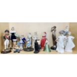 Three porcelain Nao figures with a Royal Doulton lady figure, a Coalport lady figure, together