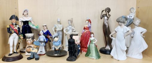 Three porcelain Nao figures with a Royal Doulton lady figure, a Coalport lady figure, together