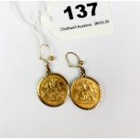 A pair of 1909 half sovereigns mounted in 9ct gold earrings.