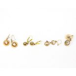 Three pairs of 9ct yellow gold earrings with a single 9ct yellow gold earring (A/F).