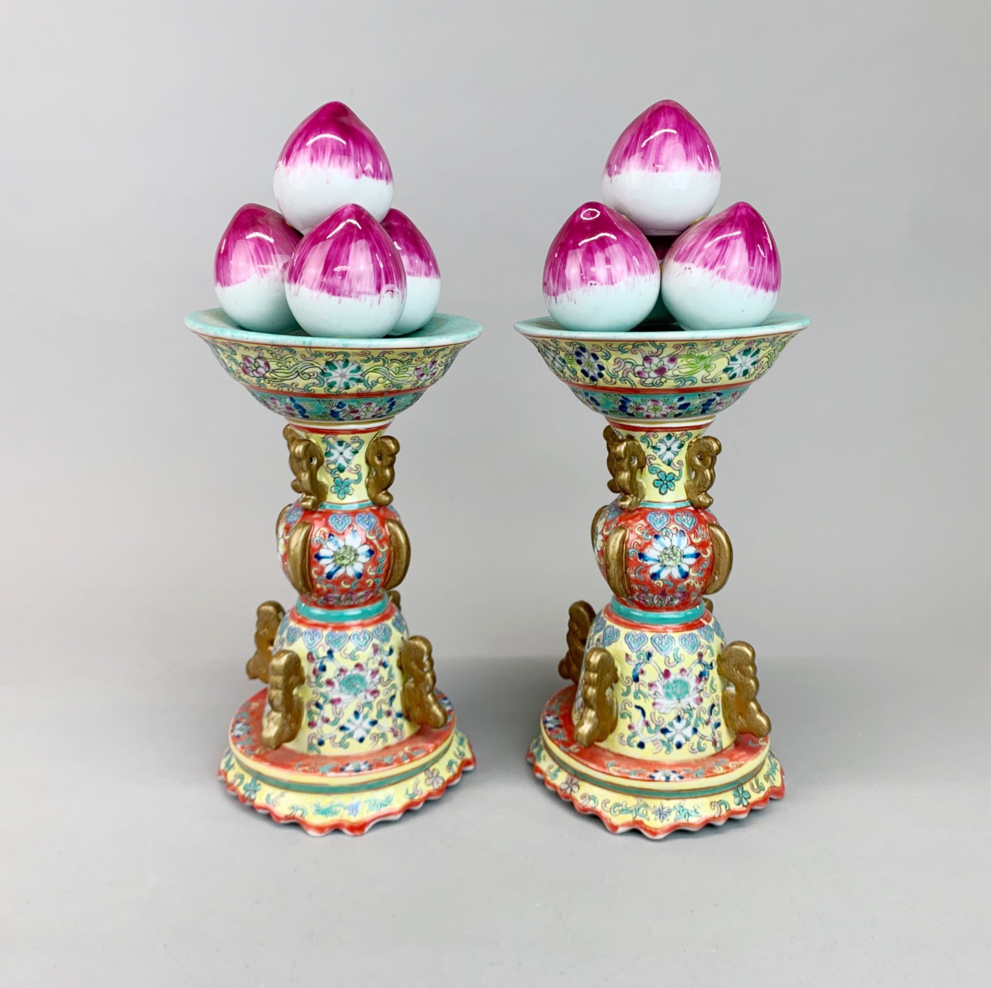 A pair of fine Chinese hand enamelled porcelain garnitures topped with peaches, H. 38cm. - Image 2 of 2