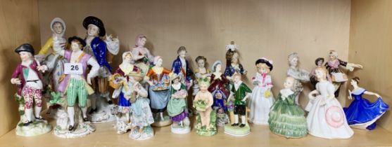 A group of twenty two porcelain figures, including some Royal Doulton tallest H. 23.5cm. Some with