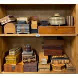 A group of mixed wooden boxes with one tortoise shell box, largest 40 x 17 x 8cm.