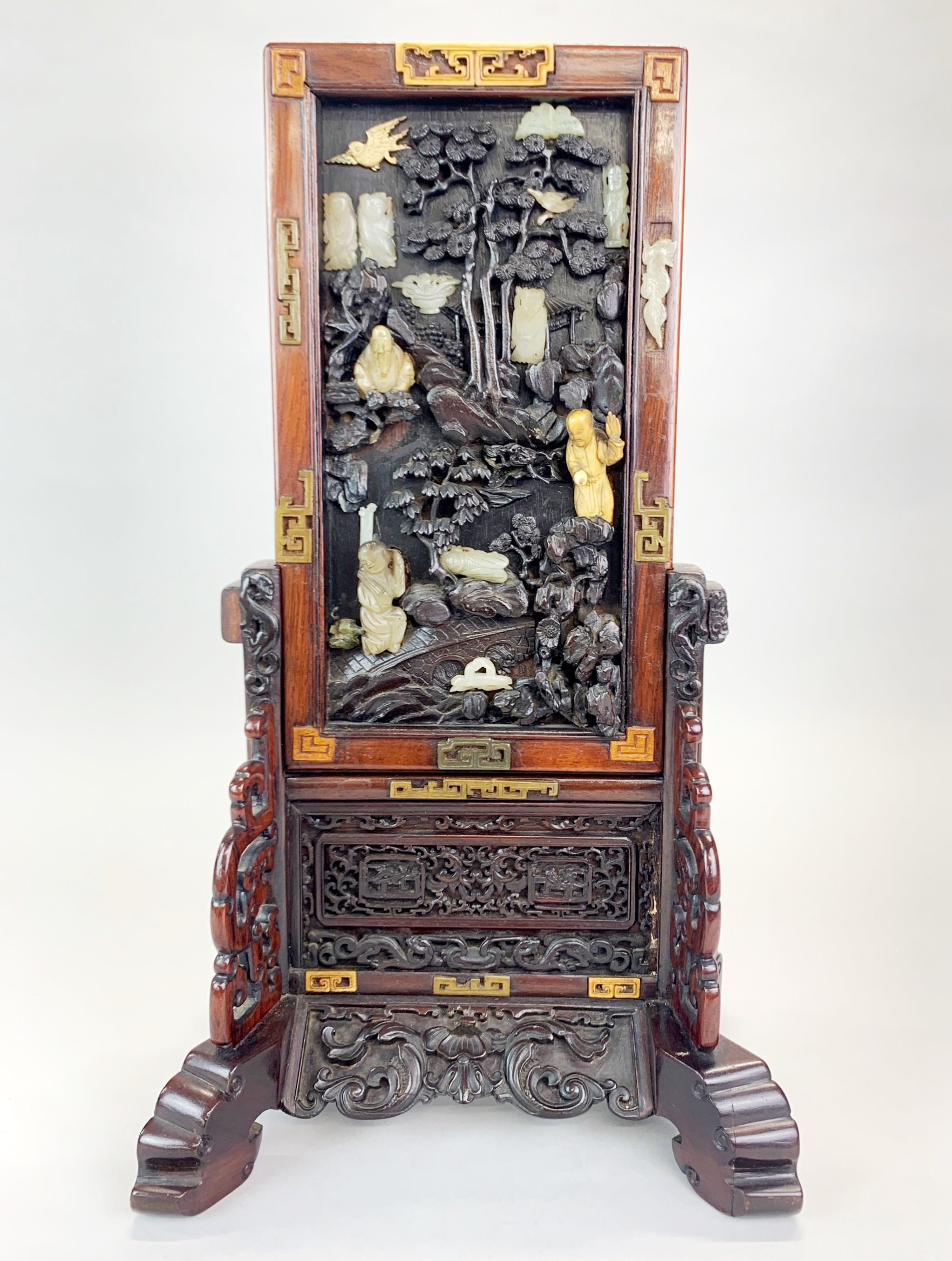 A Chinese carved wooden table screen inset with jade, A/F, H. 45cm W. 25.5cm.