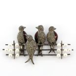 A white metal and enamel bird brooch set with cultured pearls and diamonds, L. 9cm.