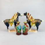 A pair of Chinese Tang dynasty style glazed pottery horses, H. 36cm, together with a pair of Chinese