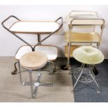 A 1970's two tier Formica and metal drinks trolley with a three tier drinks trolley, an Art